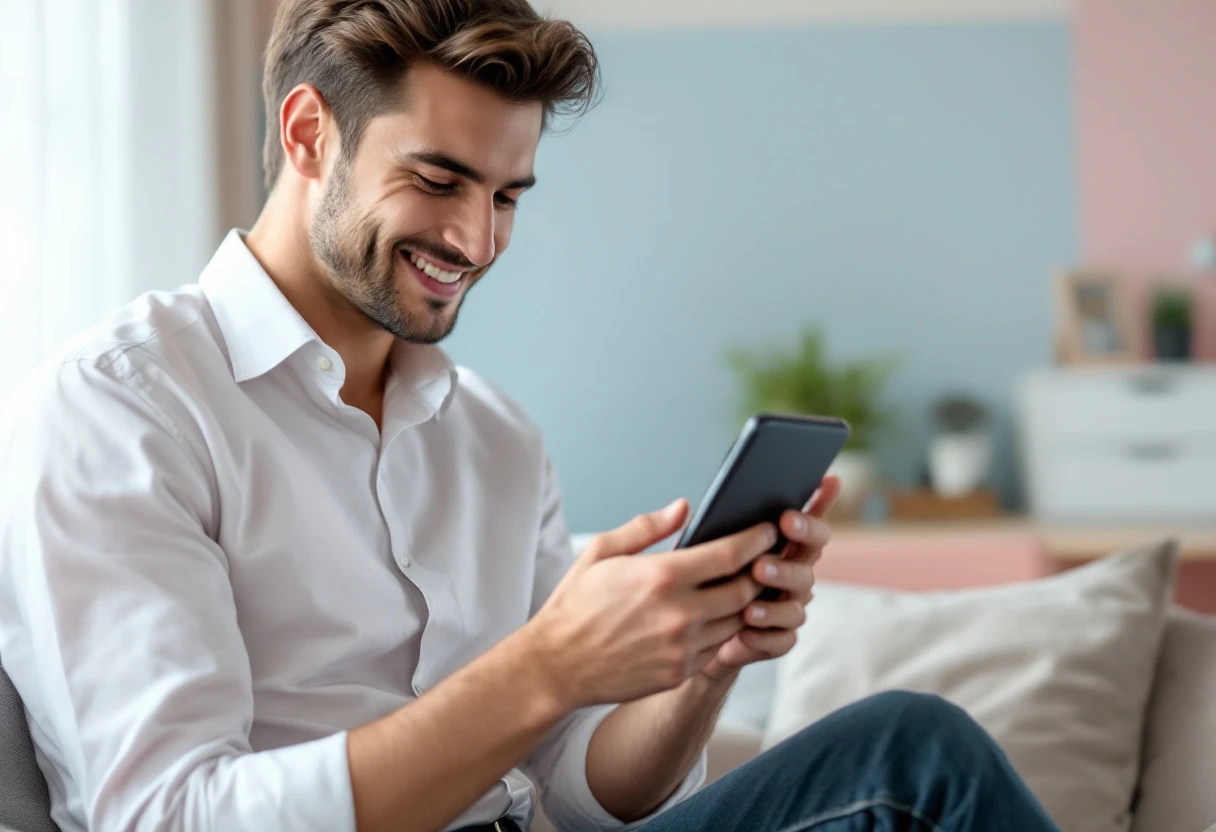 A vibrant image of a person checking their phone with a visa appointment reminder notification, looking reassured and organized.