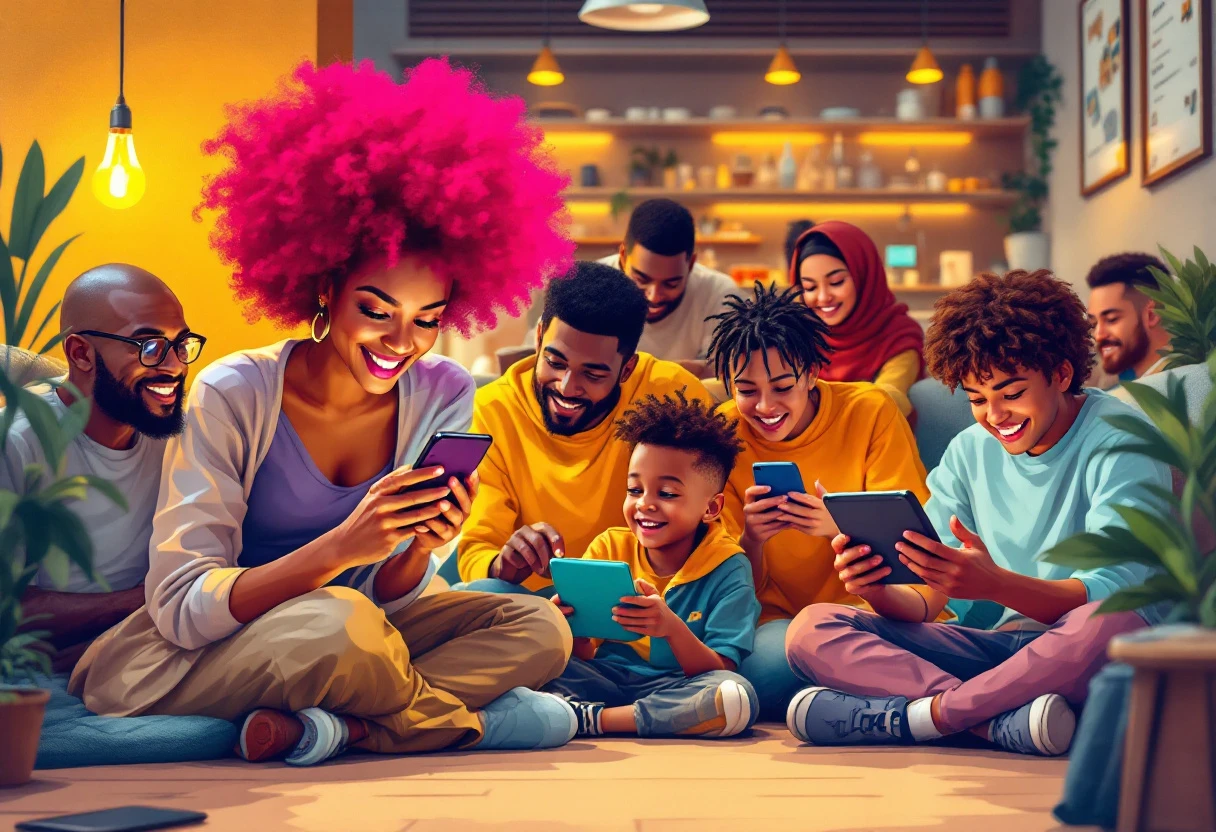 Illustration of a diverse group of people receiving notifications on various devices: a smartphone, a tablet, and a laptop, showcasing modern client interactions through technology.