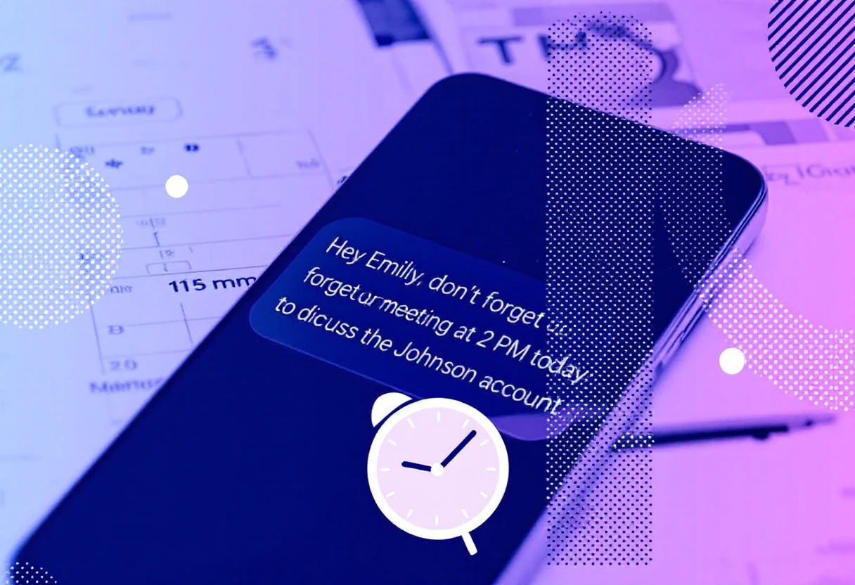 A visually engaging graphic showing a reminder text message with elements of personalization and timing, highlighting key points about optimizing client communication.