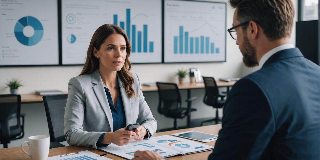 Salesperson discussing AI phone solutions with a client.