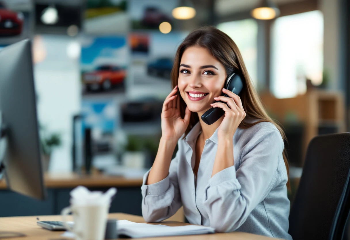 An engaging visual representation of a friendly customer service representative on a phone call, emphasizing communication and connection. The background could include blurred images of cars to relate to the automotive warranty theme.