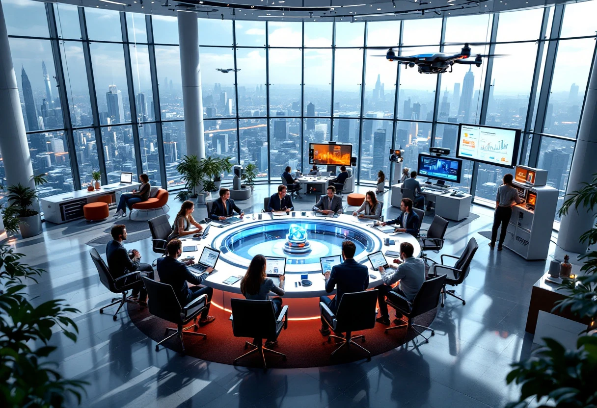 A dynamic office environment where advanced technology facilitates seamless communication and customer interactions, emphasizing AI integration.