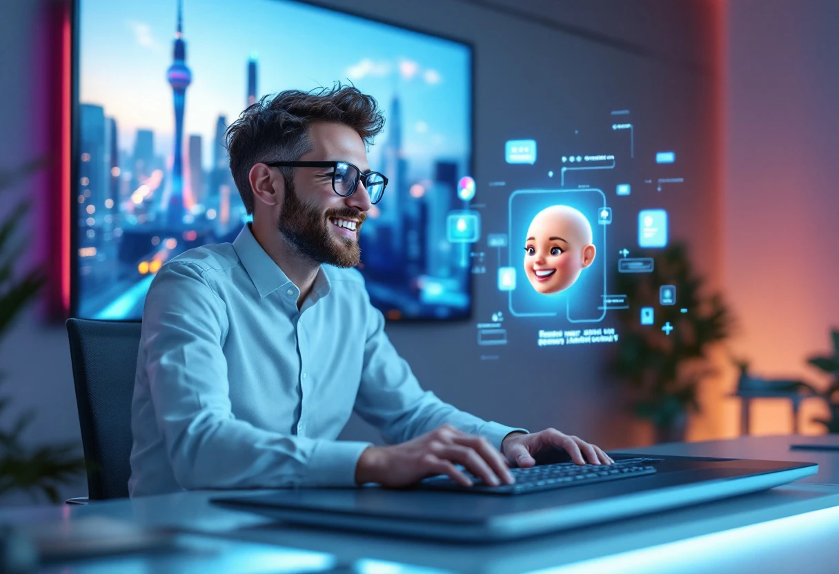A customer service representative engaging in a friendly, personalized call, with visual elements depicting technology and AI integration.