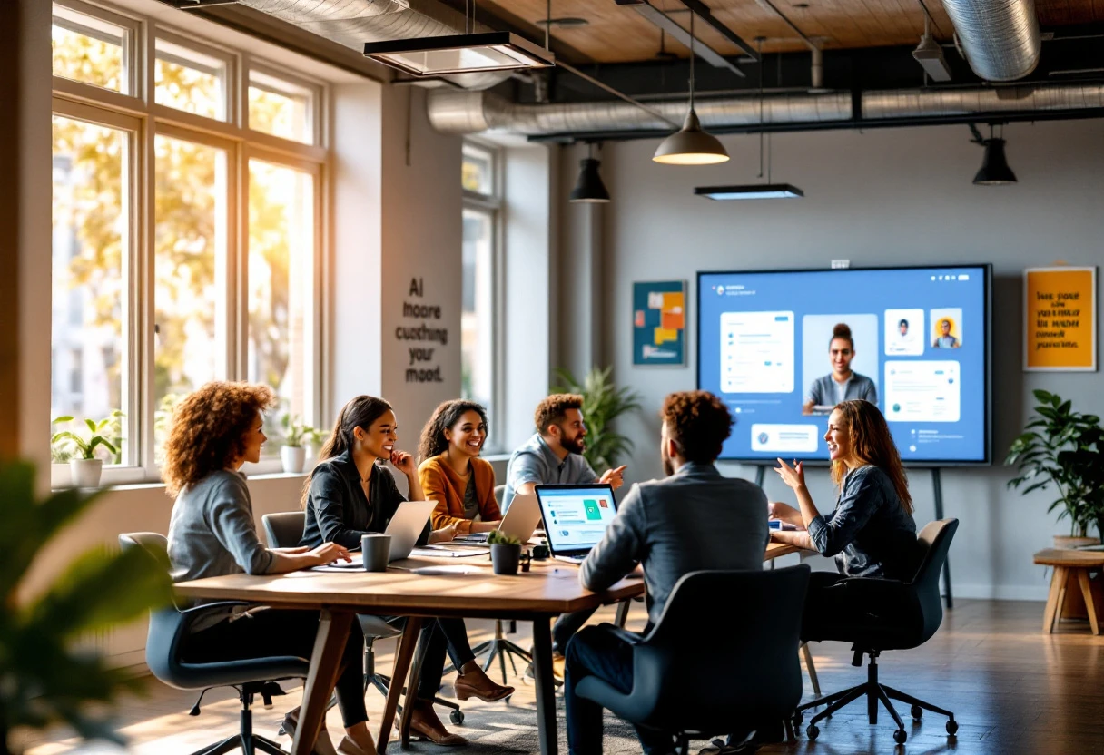 A creative image depicting a sleek office environment with team members using AI-powered chat tools to enhance customer engagement.