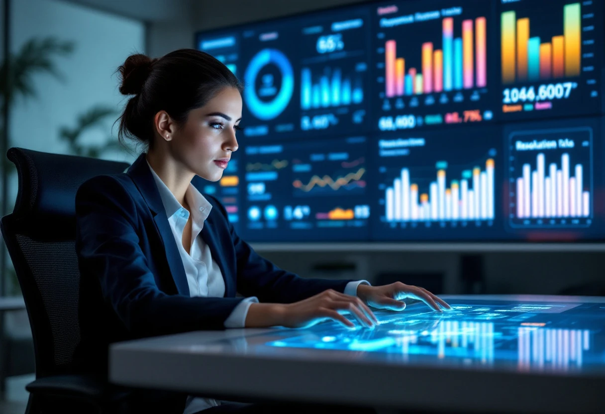 An illustration of a business person using an AI-powered dialer system for support ticket follow-up, with visuals of call statistics in the background.