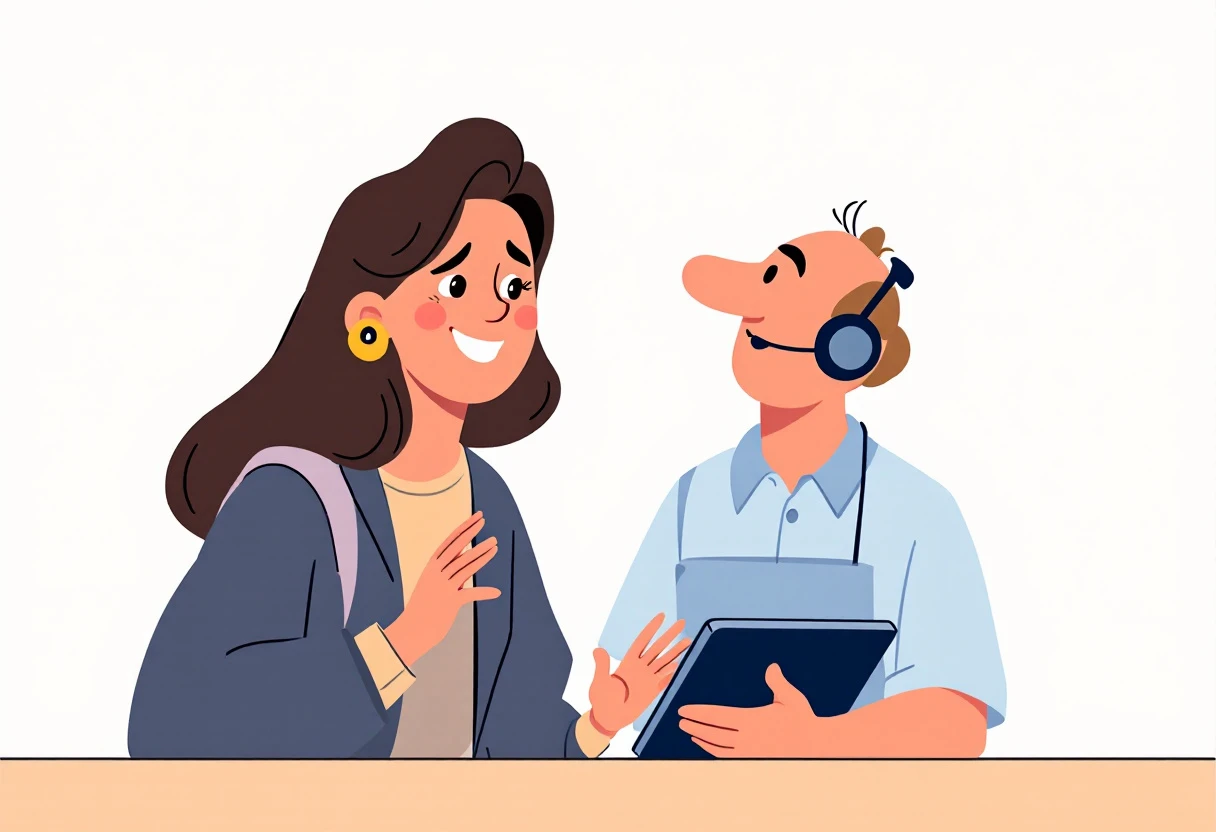 Illustration of a friendly customer service representative engaging with a satisfied customer, conveying clarity and responsiveness.