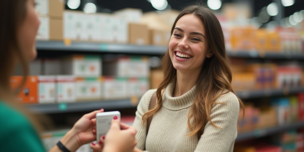 Customer joyfully receiving a product in a store.