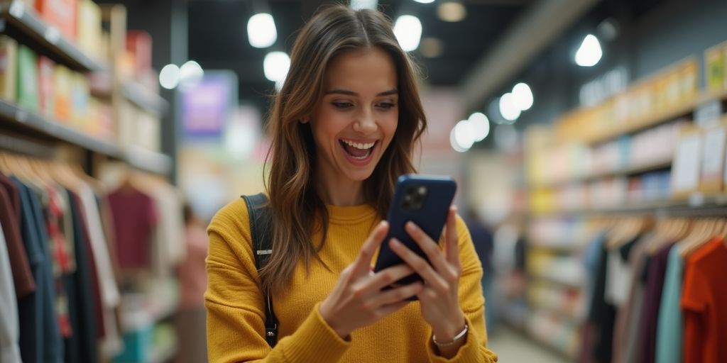 Customer excitedly checking phone for back-in-stock products.