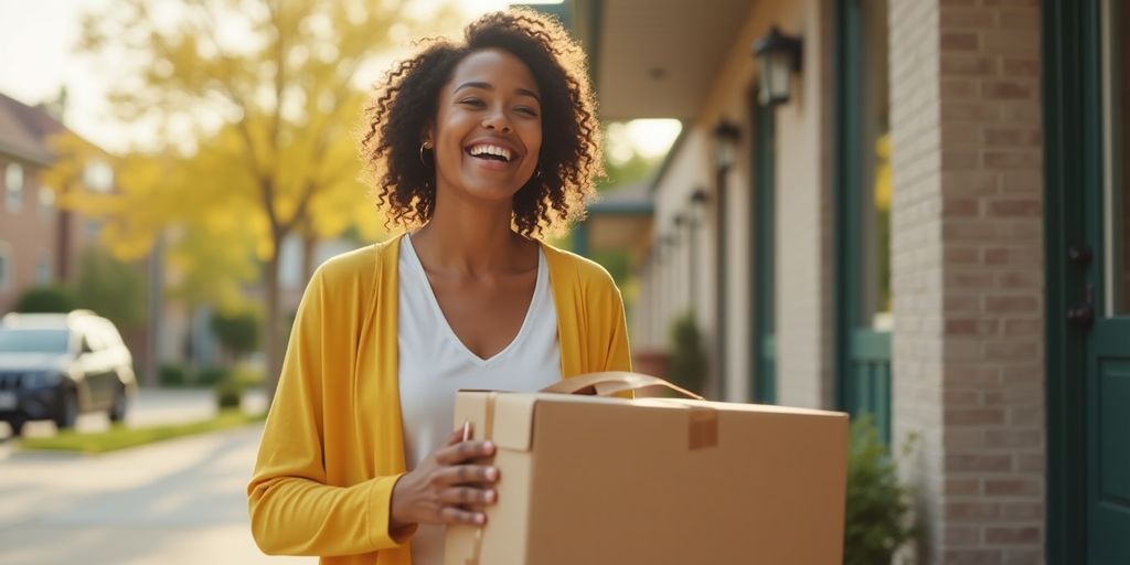 Happy customer receiving a package at their doorstep.