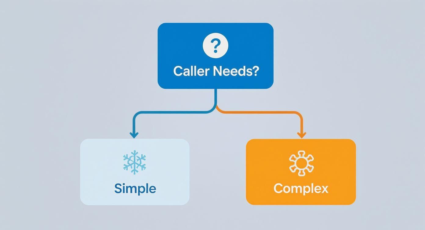 Flowchart categorizing caller needs into simple (snowflake icon) and complex (gear icon).