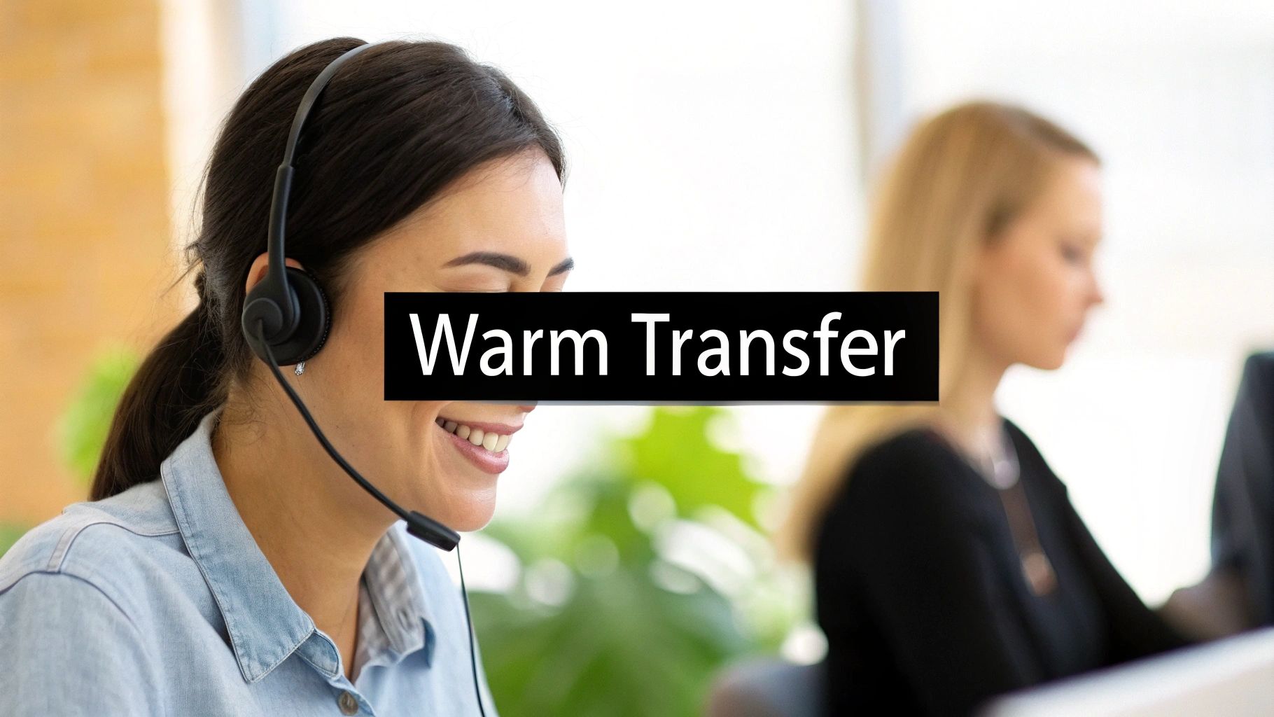 A smiling call center agent wearing a headset with "Warm Transfer" text overlay, illustrating a customer service process.