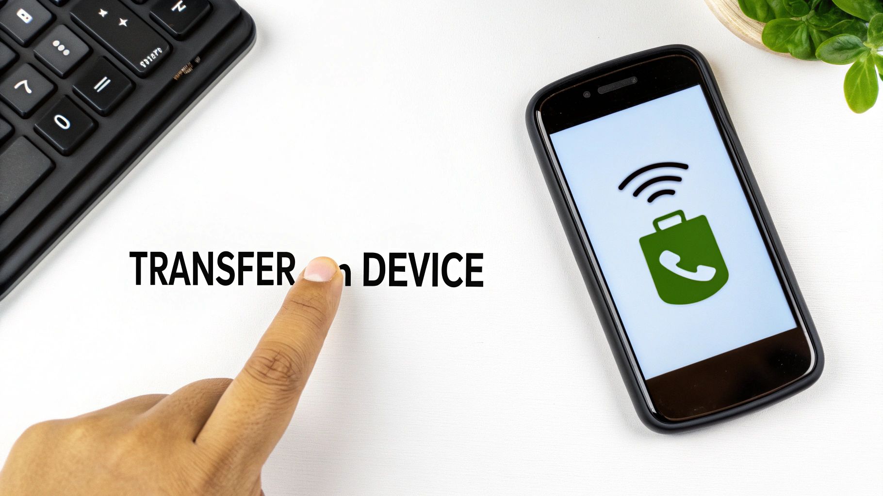 A hand points to 'TRANSFER DEVICE' text, next to a smartphone showing a call transfer icon.