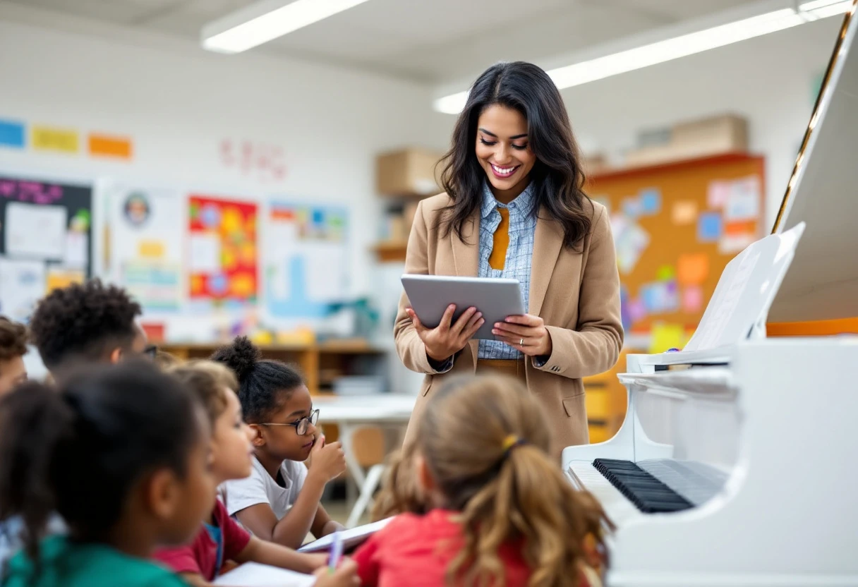 An image showing a classroom environment with a piano and a happy teacher engaging with students over a digital tablet, showcasing modern teaching methods.