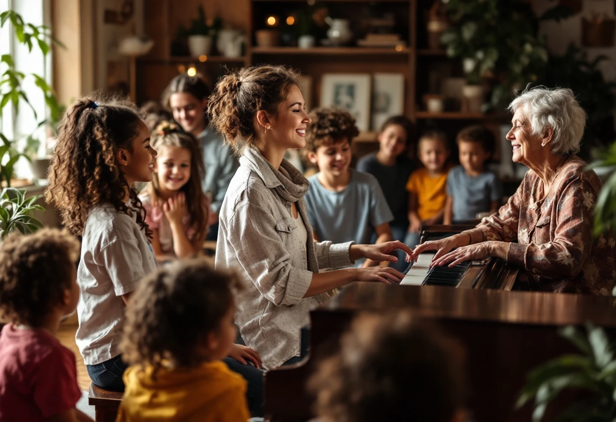 An image showing a diverse group of piano students of varying ages and skill levels engaged in a lesson with a friendly instructor