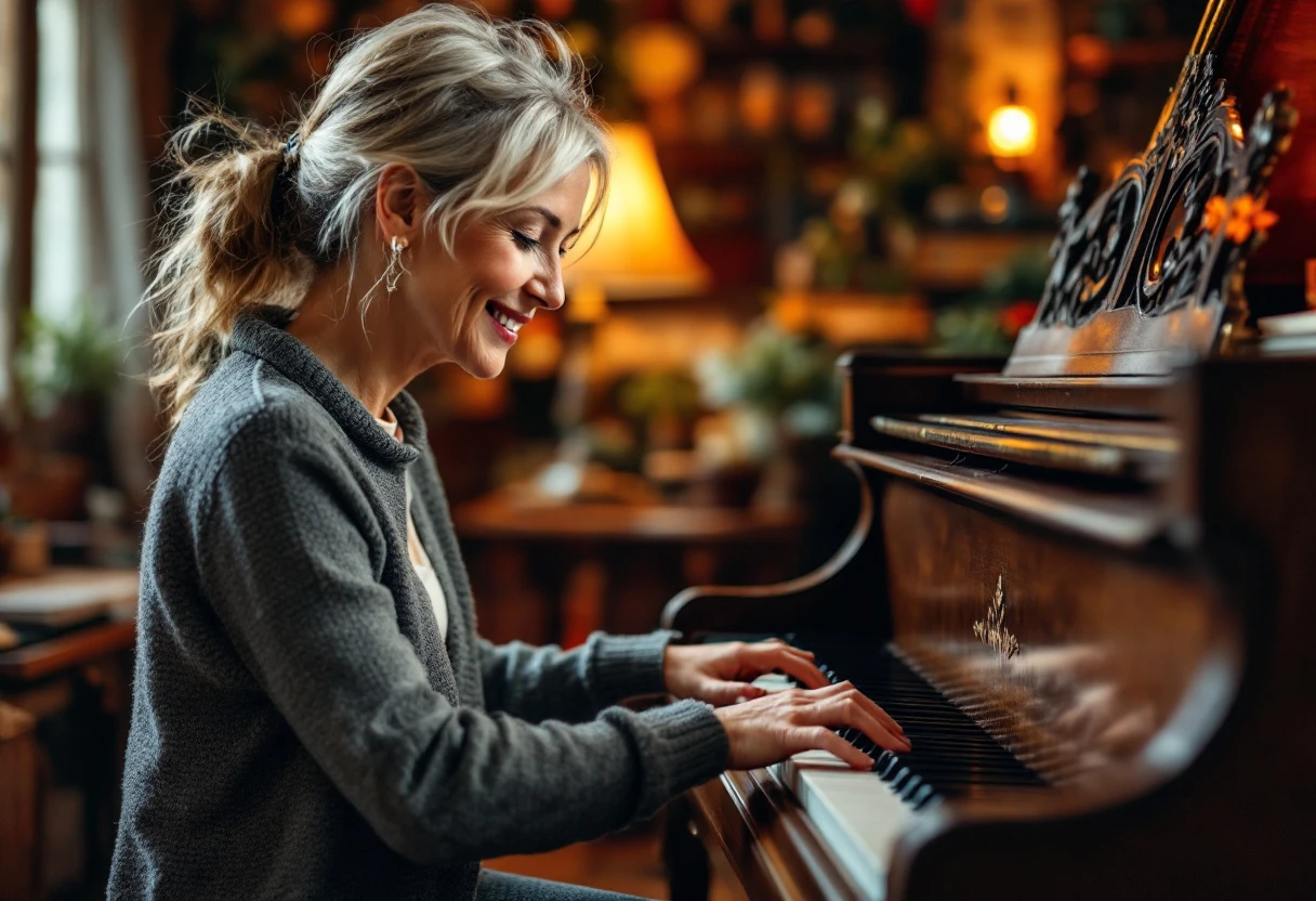 Image of a piano teacher engaging with a young student in a personalized lesson setting, showcasing a warm and interactive learning environment.