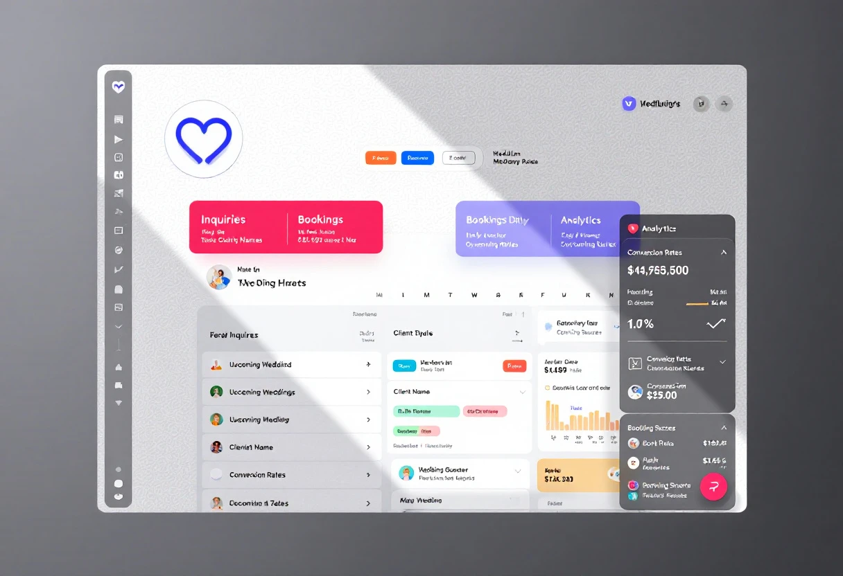 Image of a wedding inquiry management dashboard displaying analytics and conversion rates.