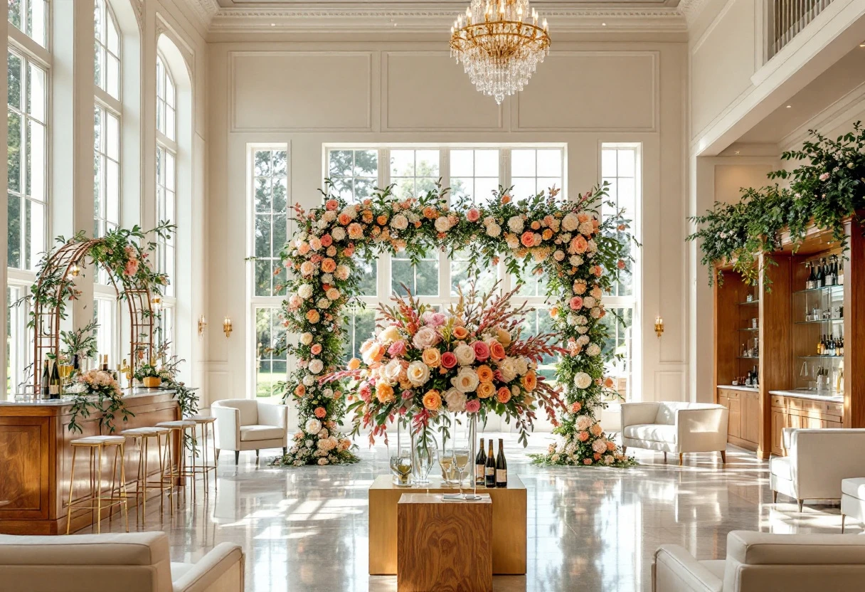 A vibrant wedding venue that showcases decoration options creatively, inviting prospective clients.