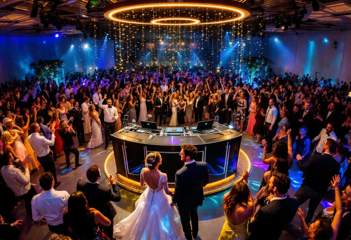 A creative setup of a DJ booth at a wedding, with vibrant lighting and a lively dance floor, showcasing an engaged crowd.