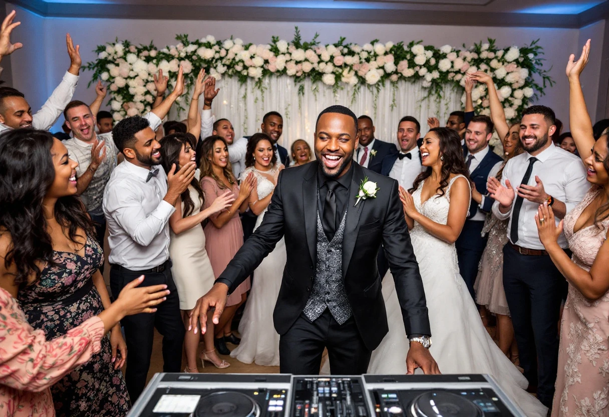 A vibrant wedding scene with a DJ engaging with guests, illustrating the connection between effective follow-up and client engagement.