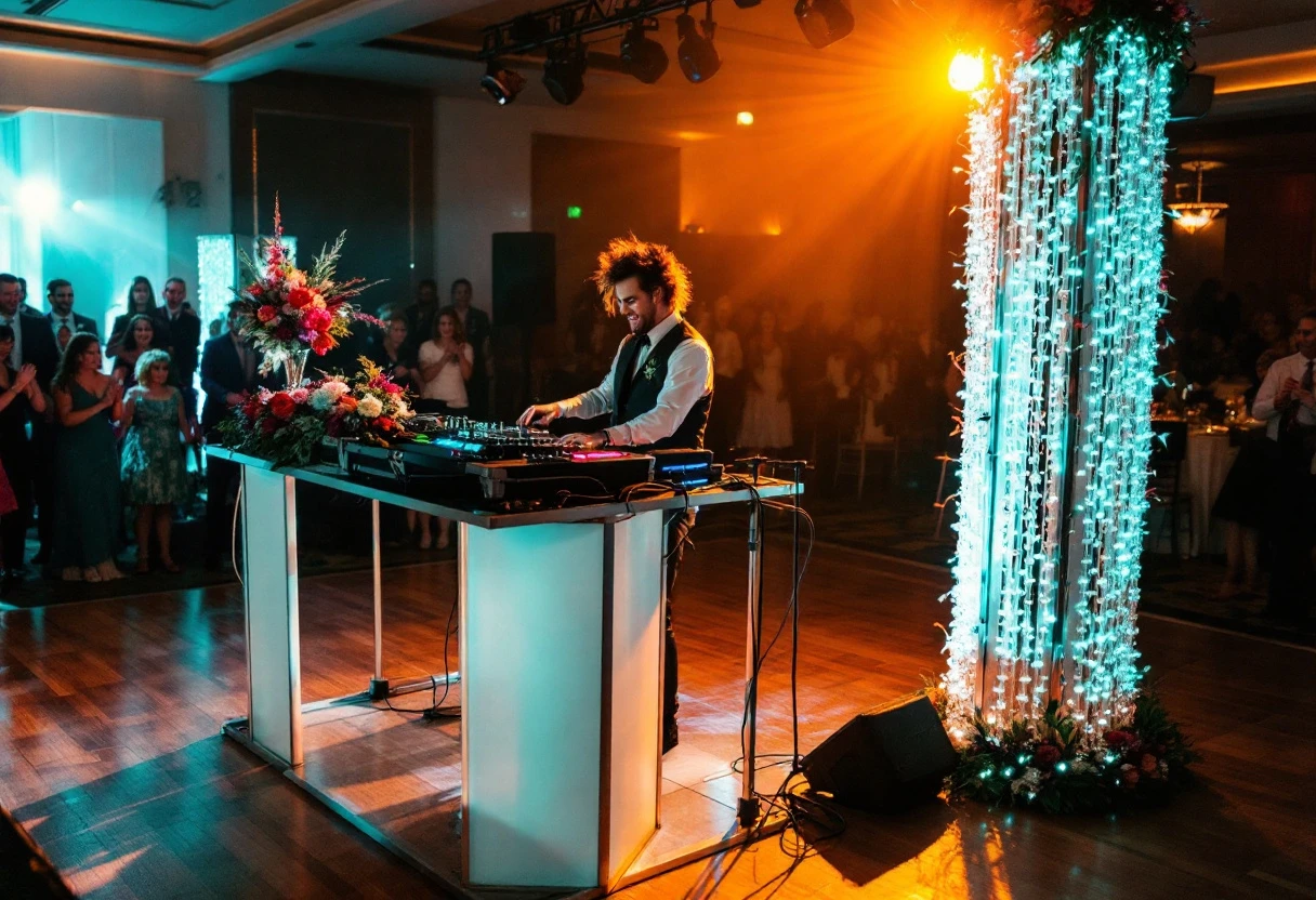A modern wedding DJ set up at an elegant venue capturing the excitement of a wedding celebration.
