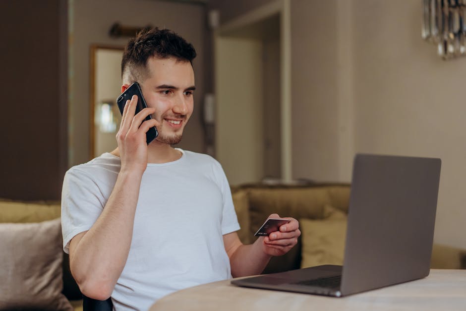 Dynamic image showing a customer comfortably interacting with various order update channels (email, SMS, call) using their phone, laptop, and other devices.