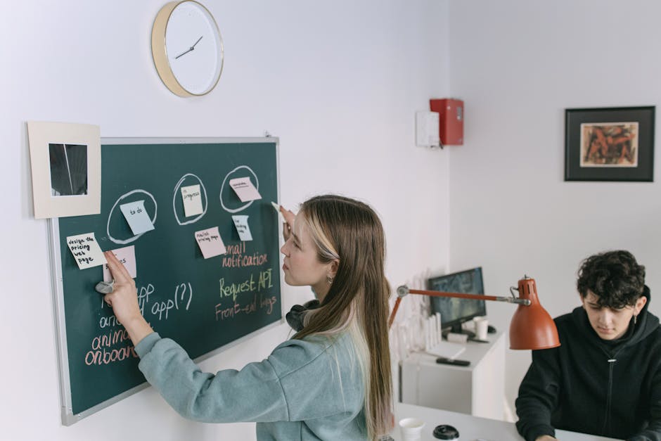Illustration of a modern business owner interacting with an AI receptionist on a smartphone in a busy office environment.