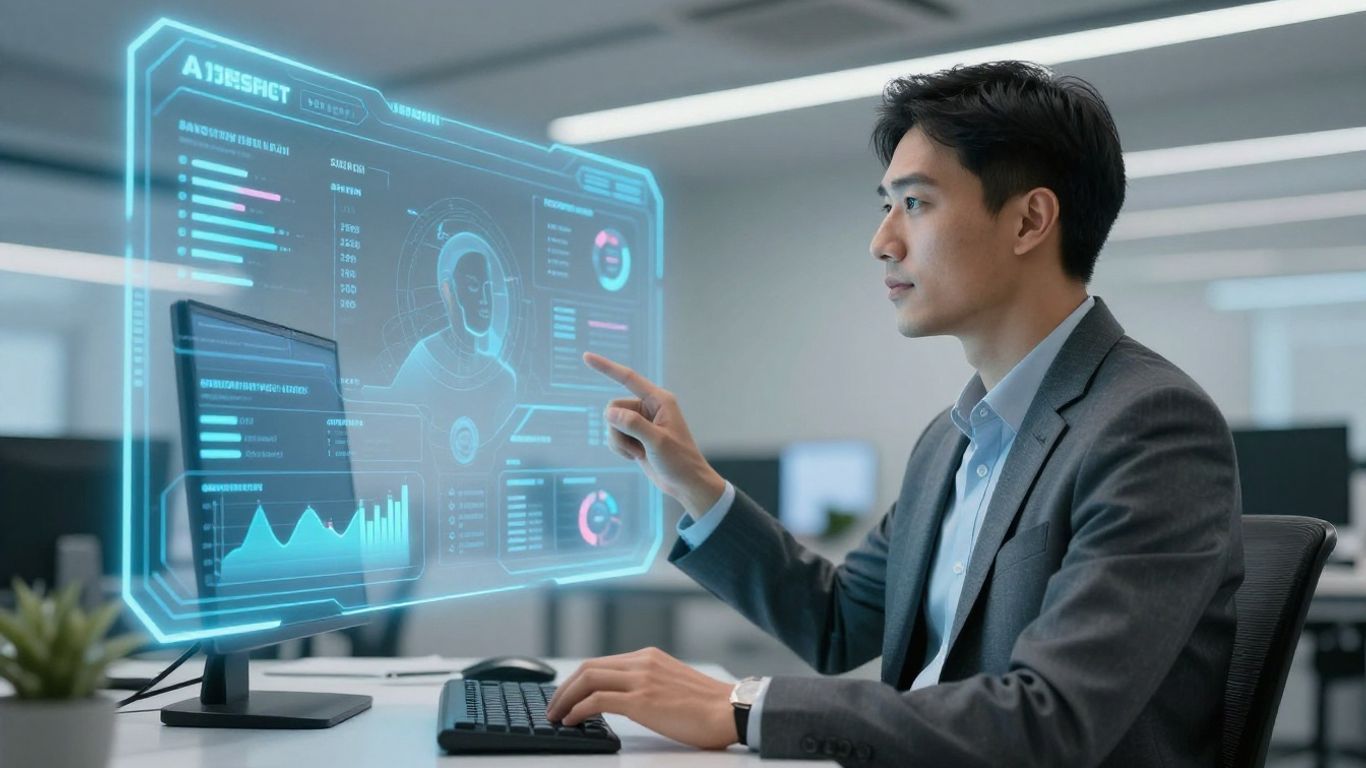 AI sales representative interacting with futuristic technology.
