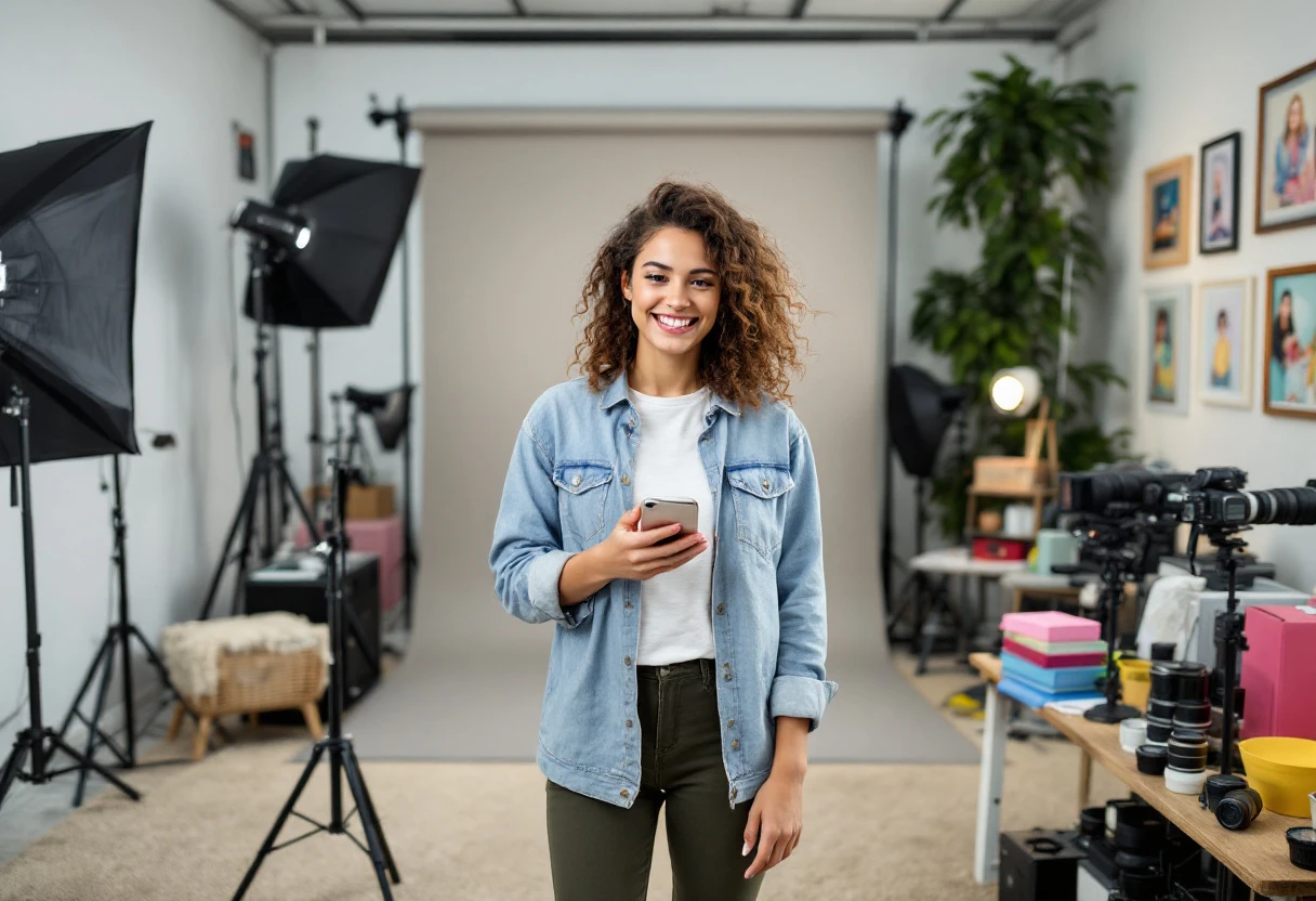 An image of a friendly photographer on the phone, smiling while confirming a session appointment. The background should show a bright, inviting studio filled with photography equipment.