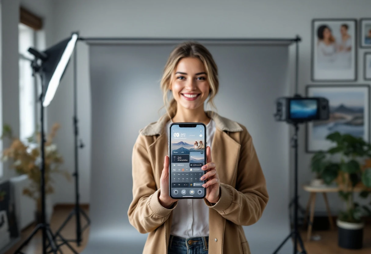 A modern photography studio with a phone and calendar, showcasing automated reminders on a digital dashboard.