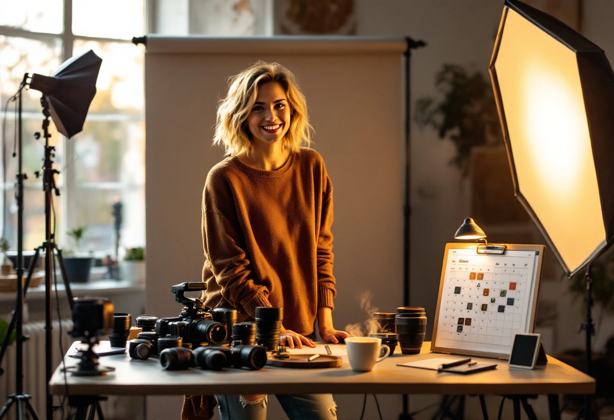 A creative workspace featuring a photographer preparing for a session, with tools and a digital device displaying a calendar.
