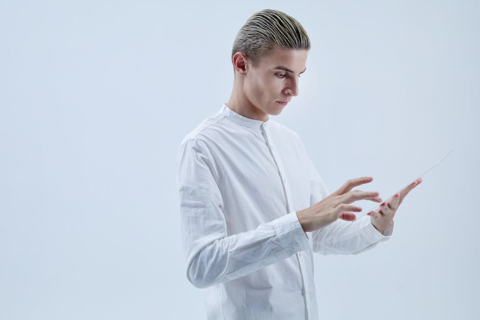 A futuristic office setting where an AI receptionist interacts with various clients via a holographic interface, showcasing advanced communication technology.