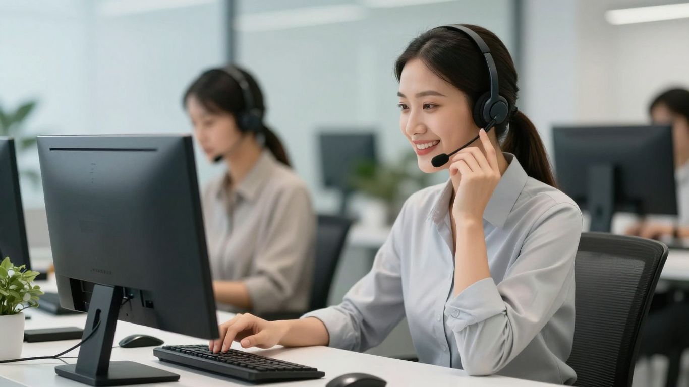 Professional answering a call with a headset in a modern office.