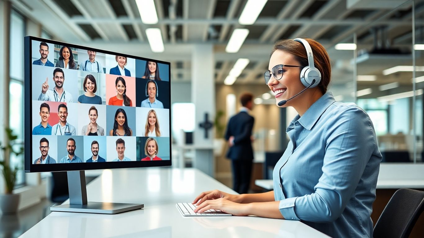 Receptionist with headset greets professionals on computer screen.