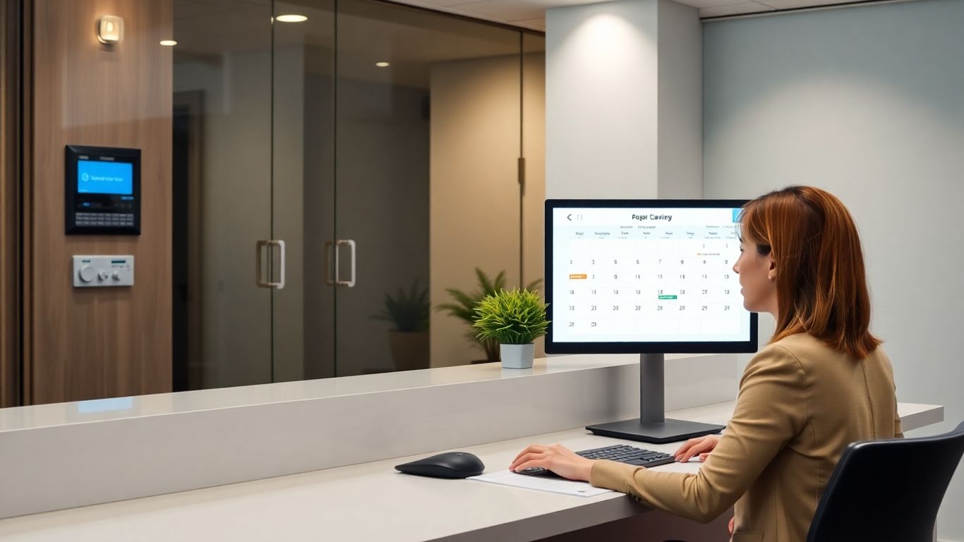 Receptionist manages schedule securely in modern office setting.