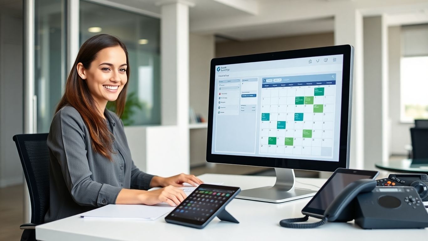 Receptionist managing digital calendar on computer in office