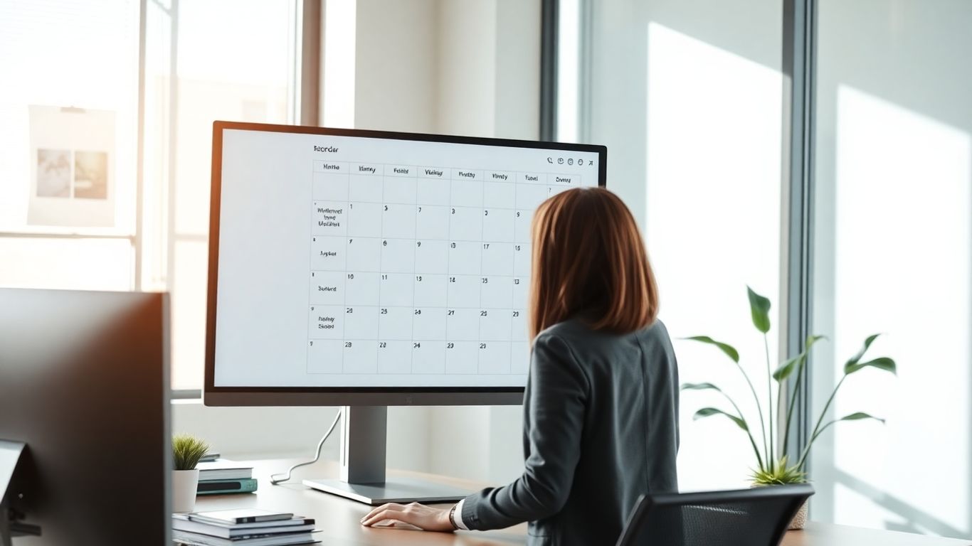 Receptionist manages digital calendar at organized modern office workspace.