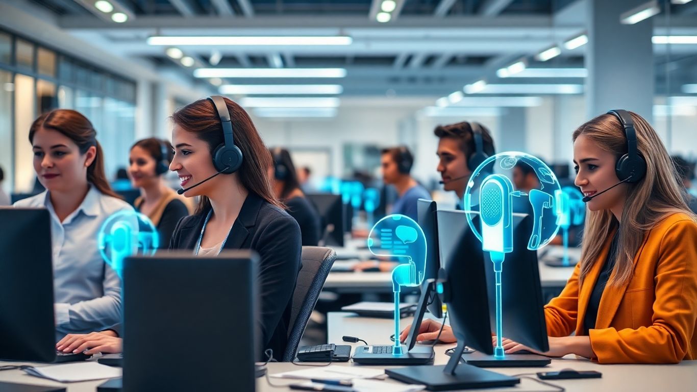 Customer service agents and AI assistants in a futuristic office