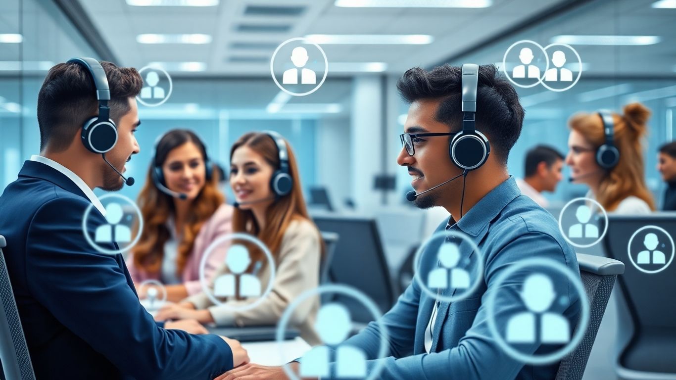 Modern office with AI voice agents assisting professionals