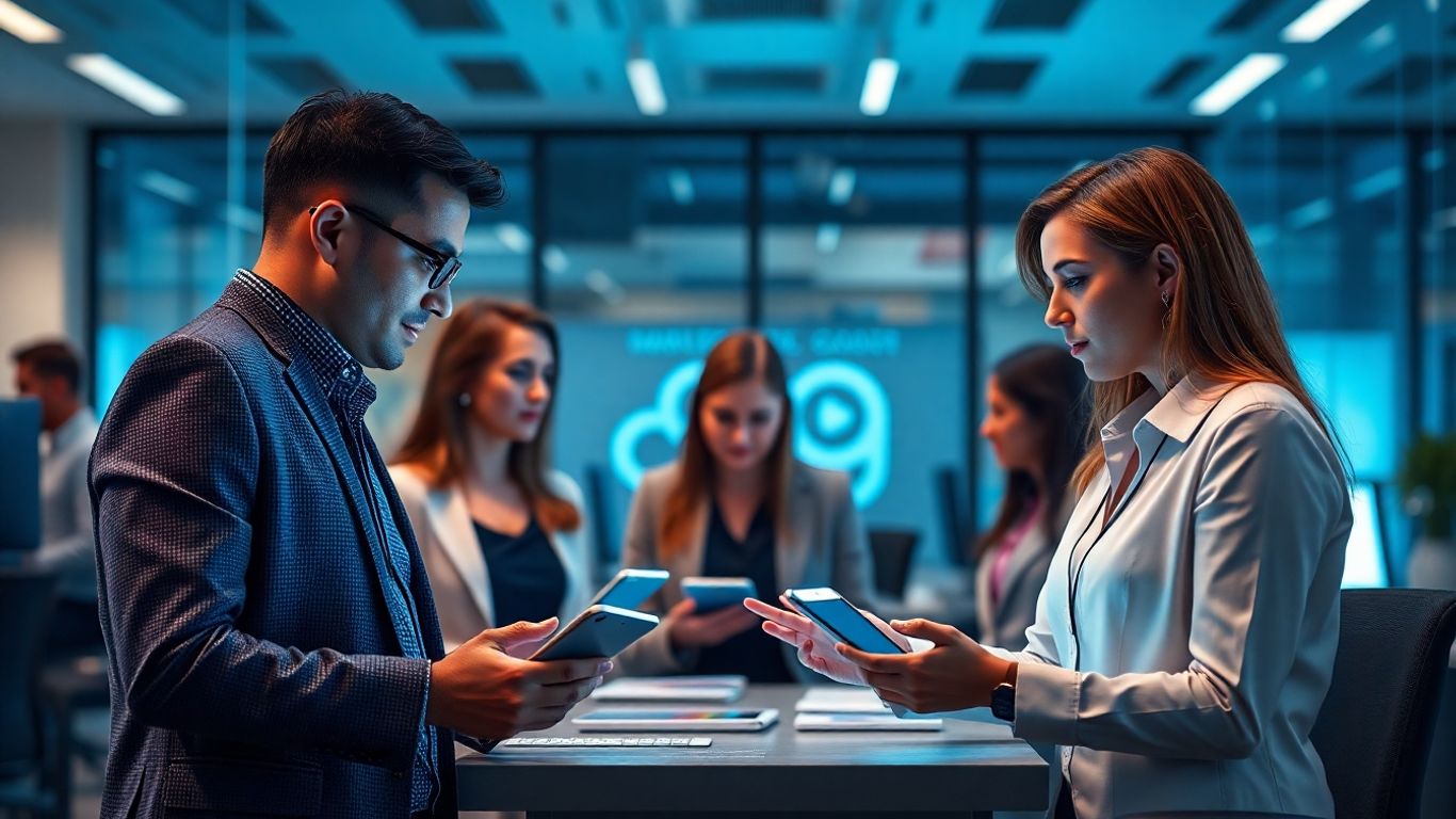 Professionals using AI voice terminals in a modern office