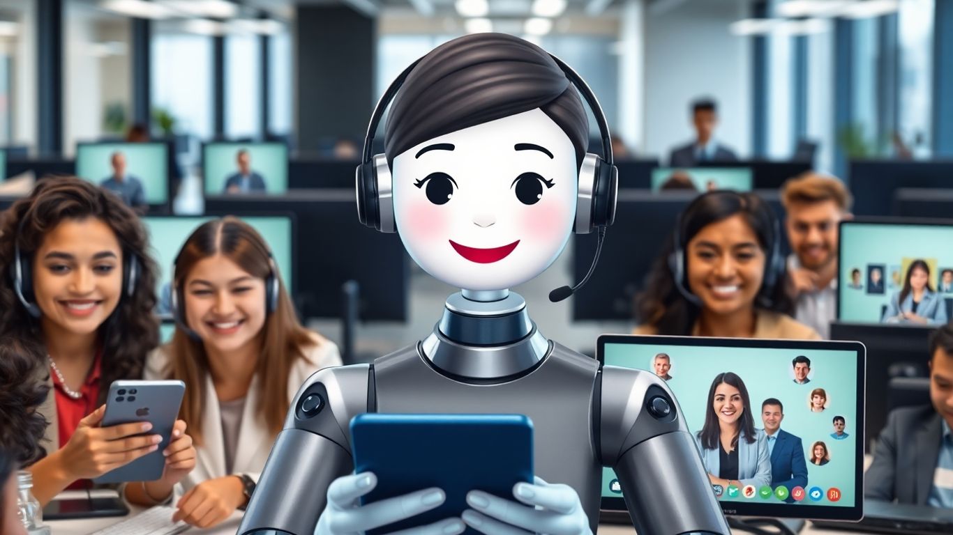 AI voice assistant image with diverse customers in office