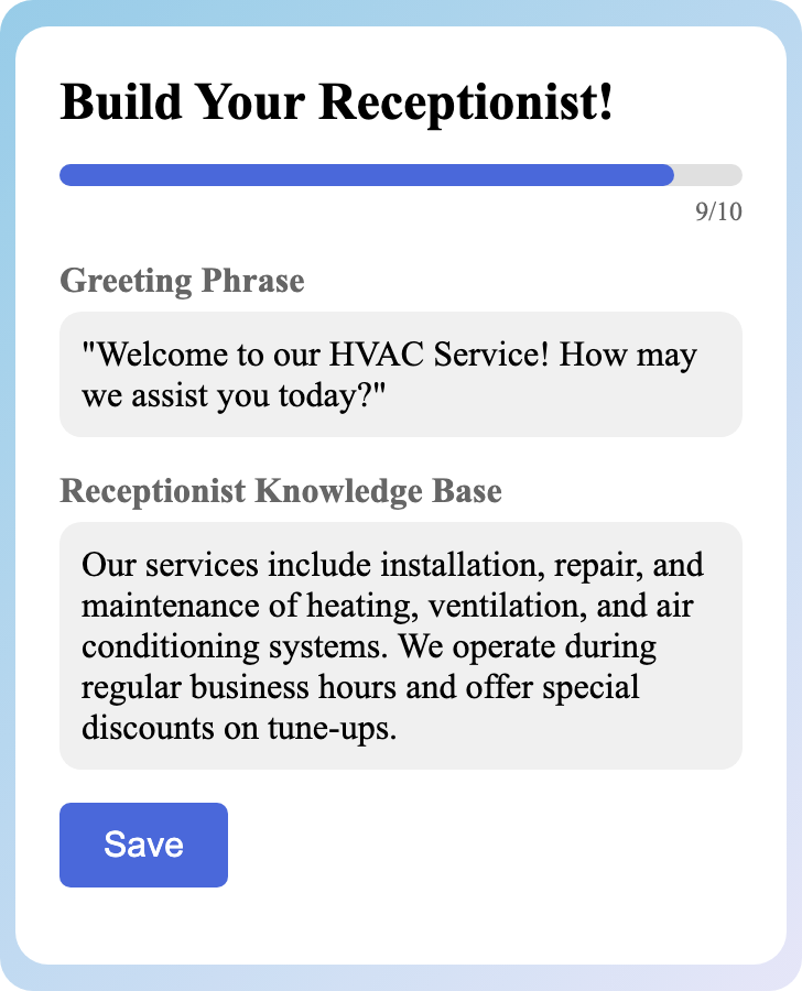 Sample receptionist setup for HVAC Services