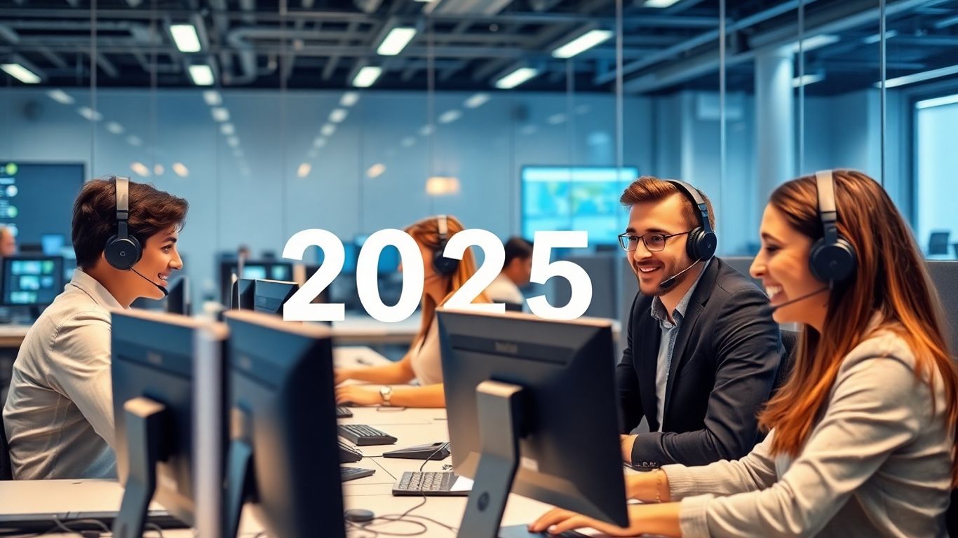 Modern inbound call center with agents wearing headsets.