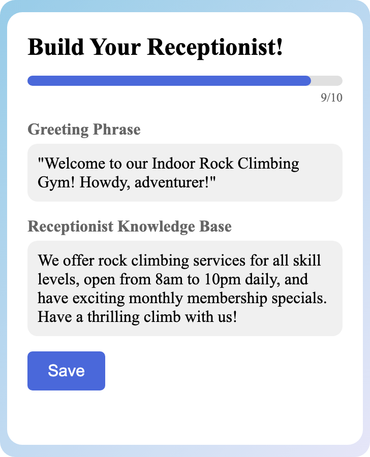Sample receptionist setup for Indoor Rock Climbing Gym