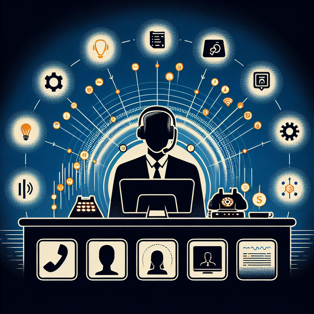 A graphic illustrating the integration of AI in customer communication channels, featuring virtual receptionists and call automation elements.