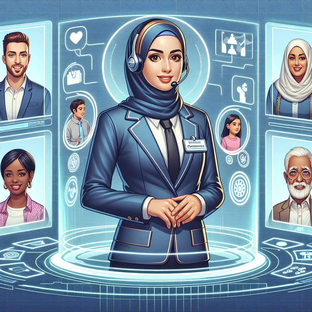 Illustration of a virtual receptionist interacting with customers through various digital channels