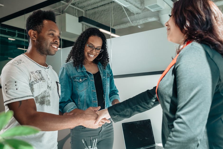 An inviting office space with a friendly receptionist, symbolizing trust in AI services