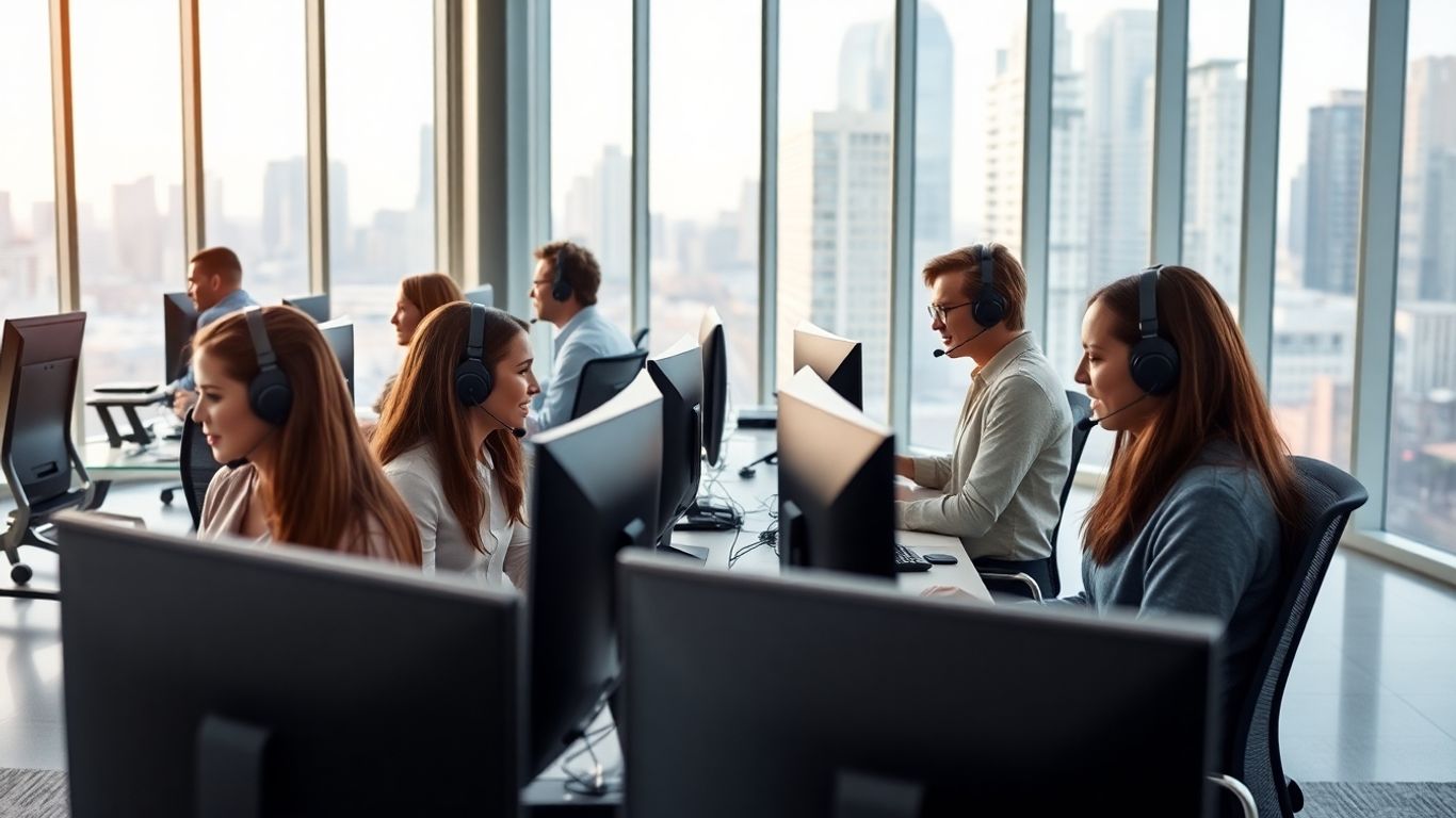 Modern call center agents collaborating with advanced technology