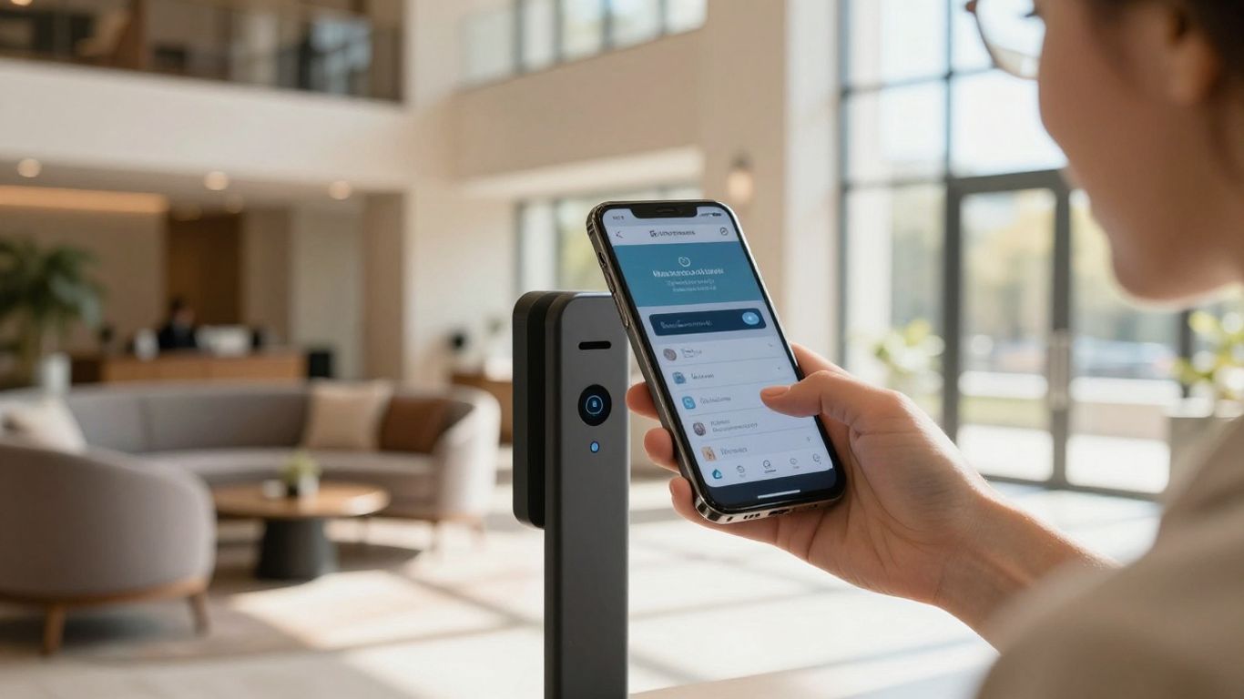Hotel guest using phone for contactless check-in at kiosk.