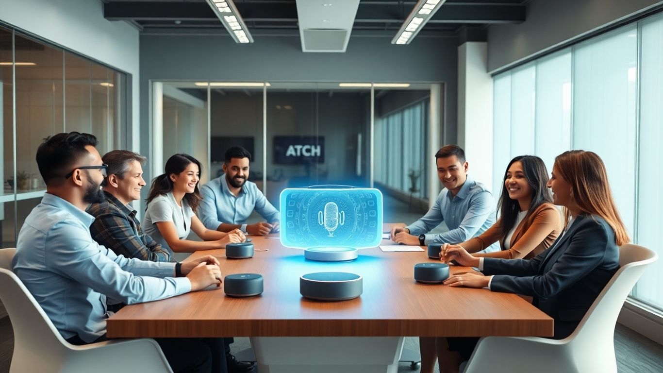 Business team using advanced AI voice technology devices