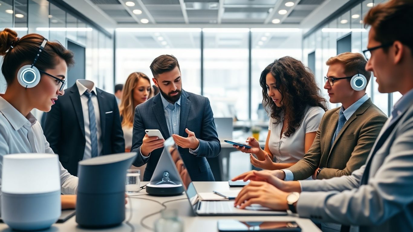 Business people using AI voice assistants in modern office